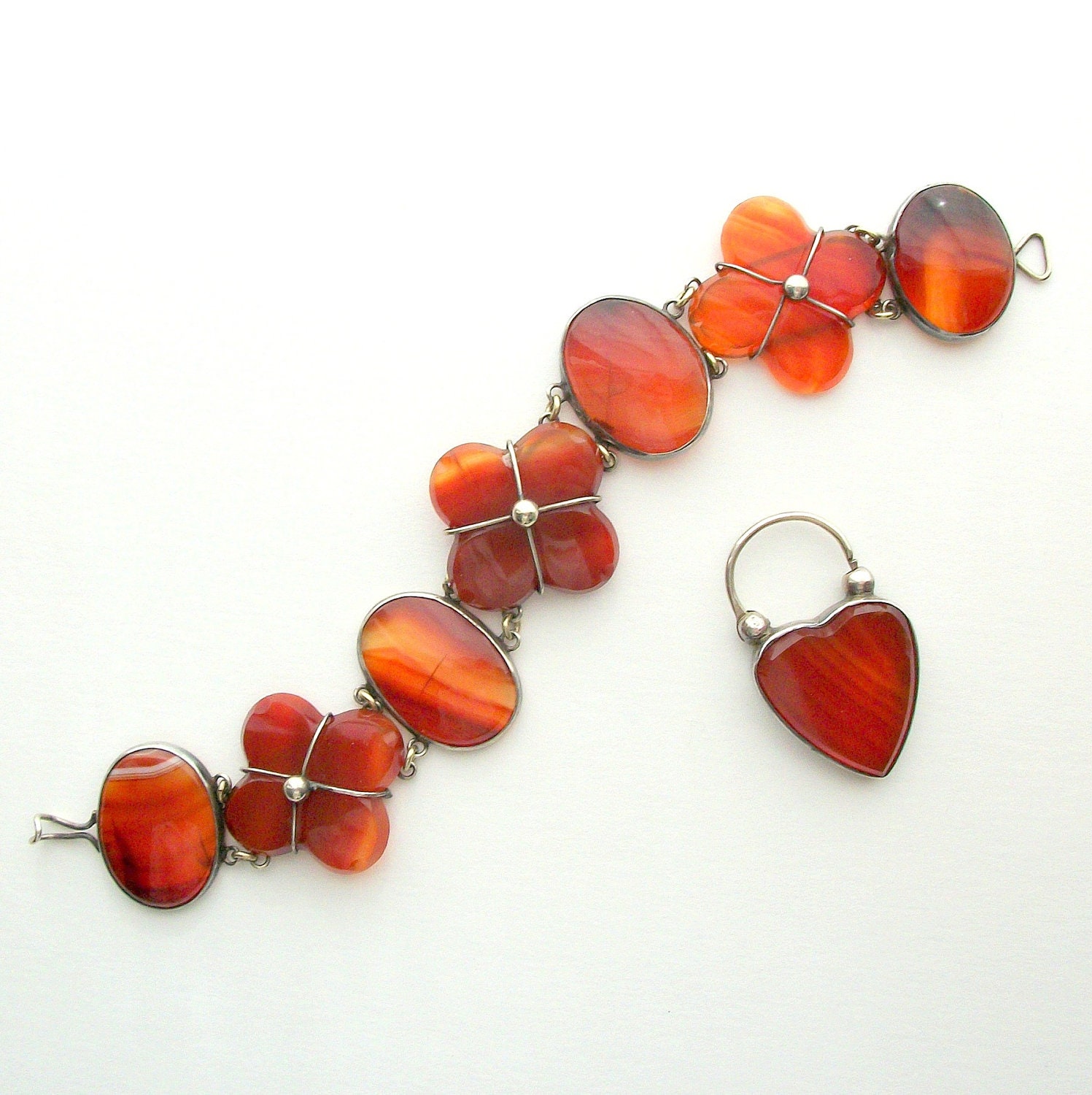 Antique Victorian Jewelry Bracelet. Scottish Agate. Heart Padlock. Sterling. Carnelian.