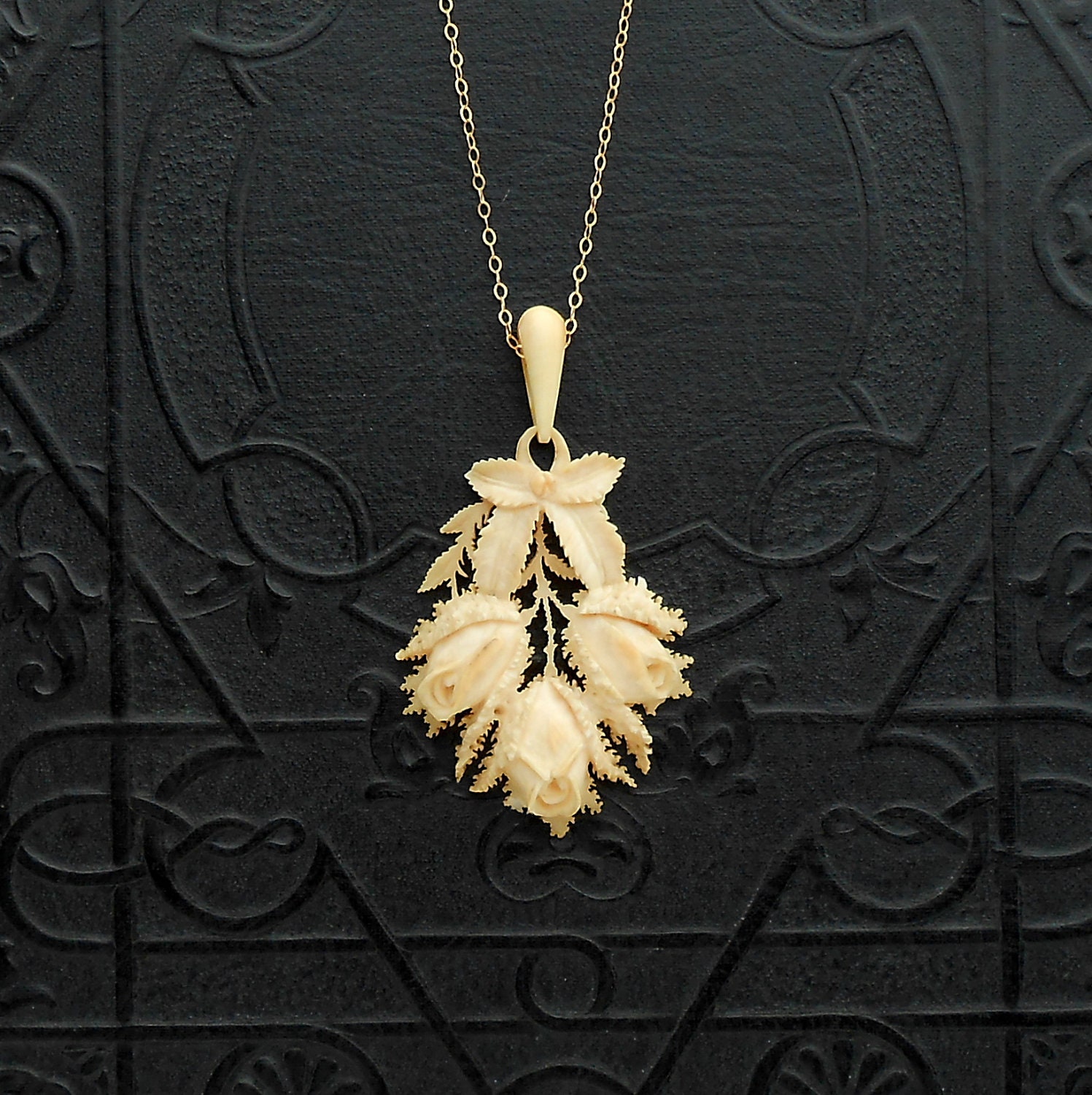 Antique Victorian Ivory Pendant Necklace.  Lacy Carved Roses.