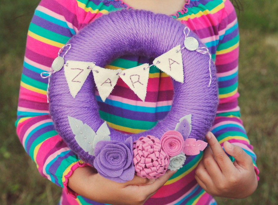 Yarn Wrapped Wreath Personalized Name Banner Felt Flowers and Leaves Purple Children Decor by Catshy Crafts