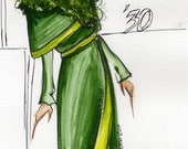Original Fashion sketch Illustration drawing, green thirty's coat - kkstylefashion