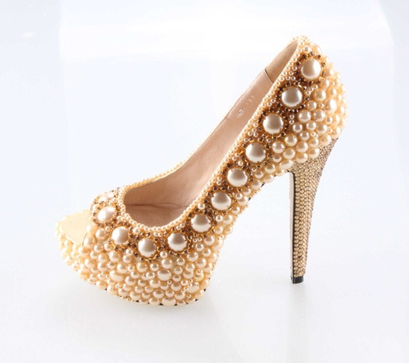 Handmade Light gold Super high heels crystal and pearl shoes