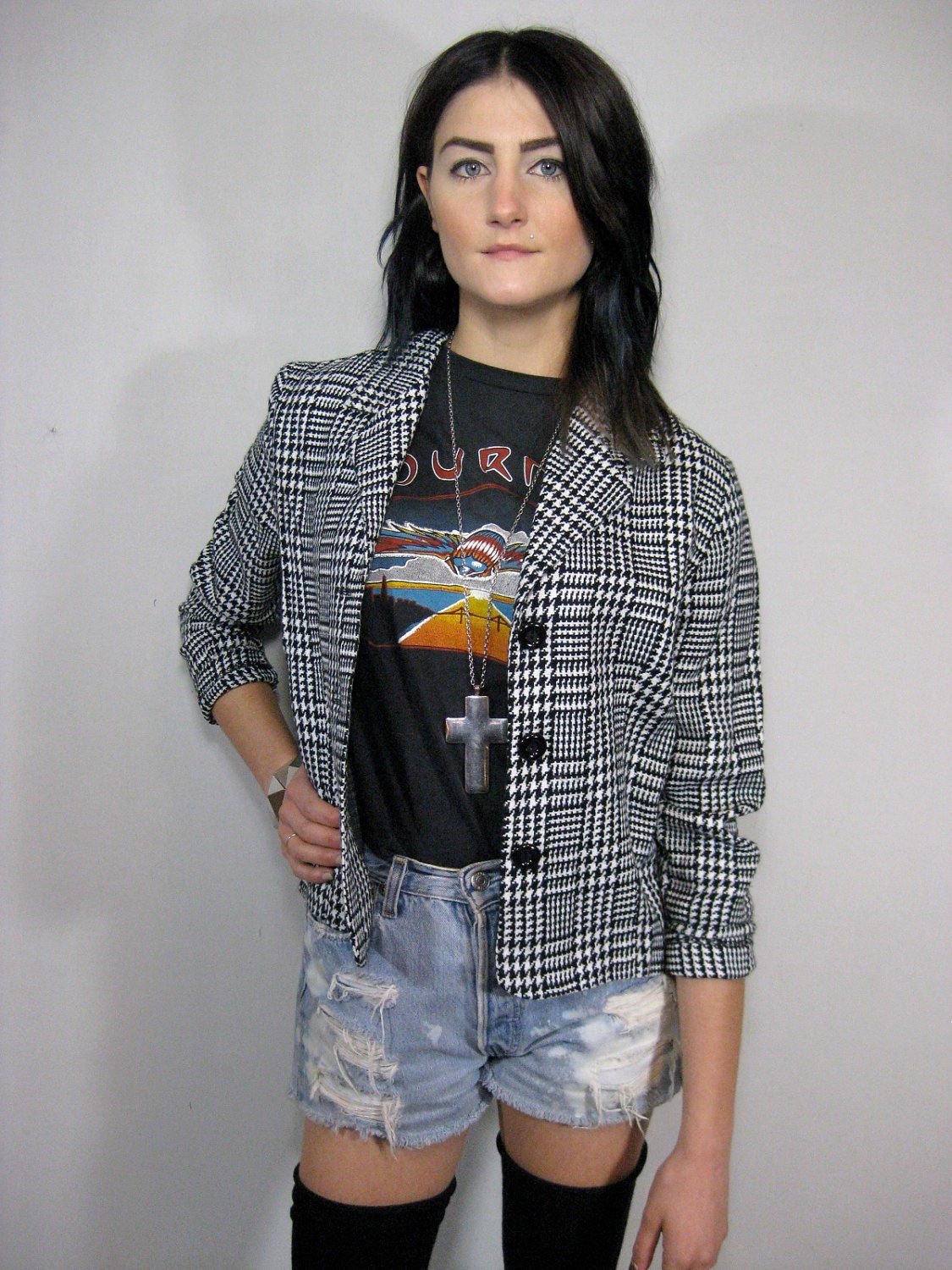 vintage black and white HOUNDSTOOTH PLAID blazer, small, medium
