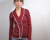 vintage 70s RIBBED ruffle piped trim top, xsmall, small