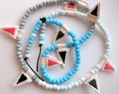 Long strand necklace embroidered triangles with Native American trade beads tribal modern jewelry colorblock
