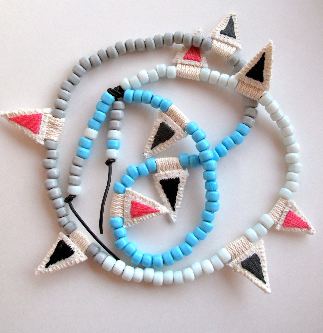 Long strand necklace embroidered triangles with Native American trade beads tribal modern jewelry colorblock
