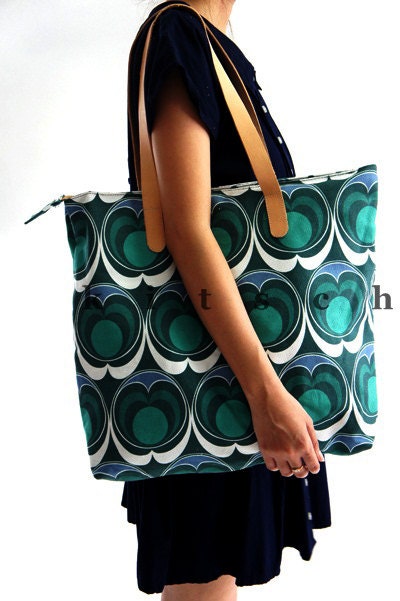 Oriental Bloom leather strap cotton canvas tote