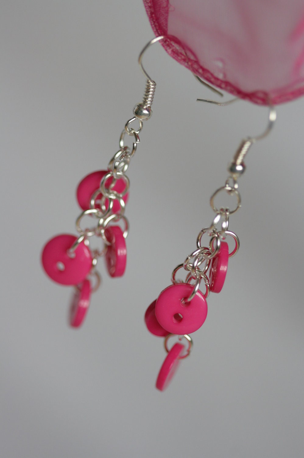 Earrings - pink, button, dangly, dangle earrings