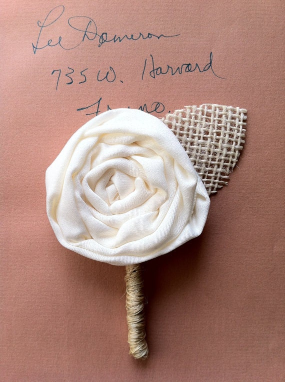Fabric Flower Boutonniere With A Burlap Leaf