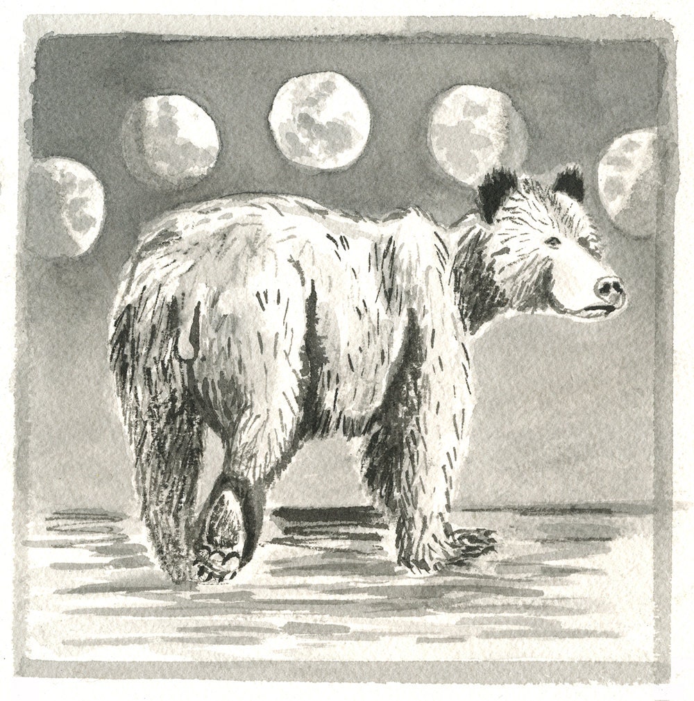 Grizzly Bear Moon Phase Illustration Art Print