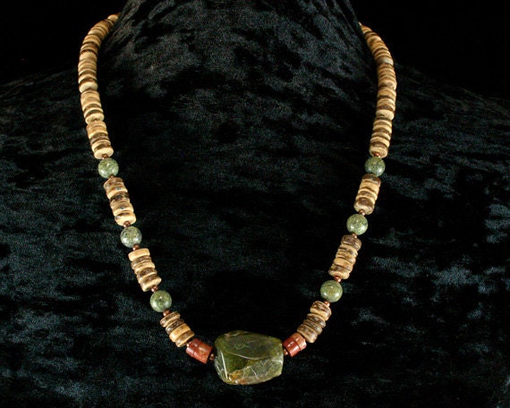 Green Serpentine Mens Beaded Necklace - Cool Surfer, Natural Hippie, Tribal Warrior, Bohemian Beach Necklaces - Beadwork - Ethnic Jewelry