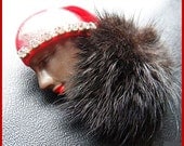 Vintage Brooch Pin  Lady Face Clear Rhinestones Mink Fur Red Enamel Hat AA 2.5" Vg