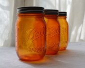 Stained Mason Jars, Pint Size, In Bright Orange, Set of 3