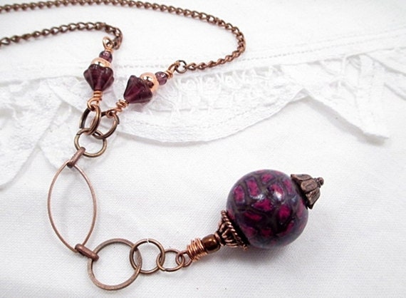 Copper Lariat Necklace Handmade Beaded Jewelry Upcycled Victorian Bohemian Boho Purple Pink Floral Clay Bead Necklace
