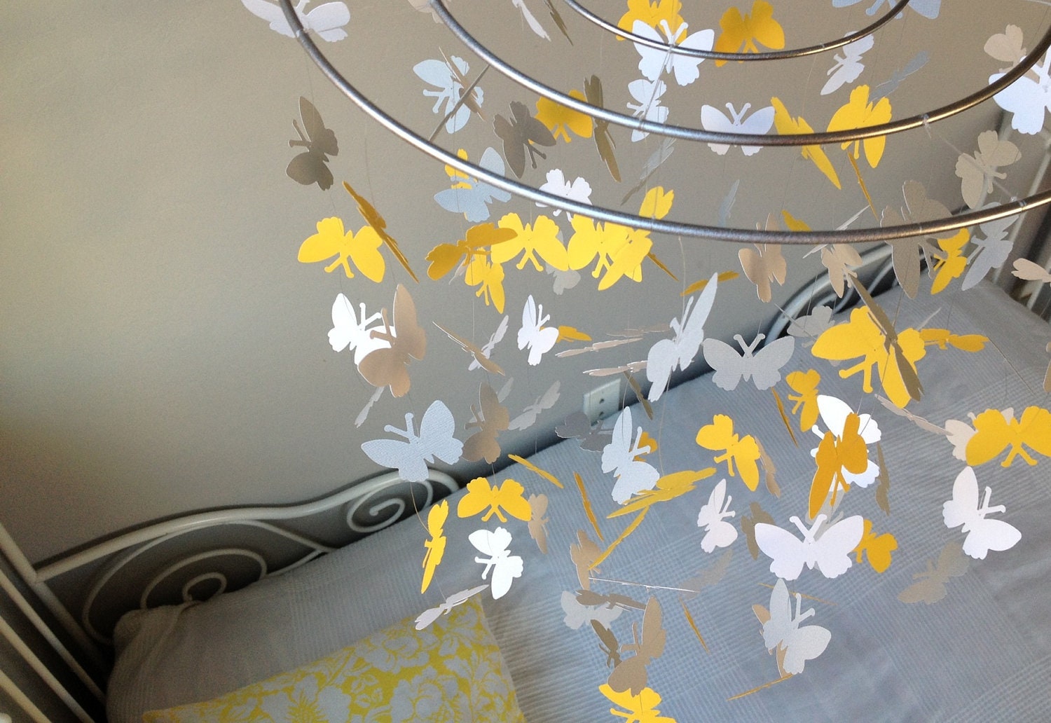Butterfly baby mobile -Mustard yellow, light gray and white colors