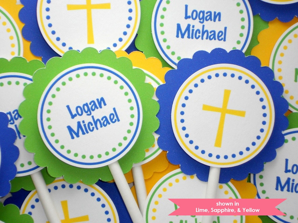 Cross Cupcake Toppers - Personalized Baptism or Communion Party Decorations - Colors Customizable Il_570xn