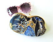 Mother's Day Gift - Sunglass or Eyeglass Case -  Japanese Fabric in Black, Gold and Blue -  Gold Kiss Lock Frame