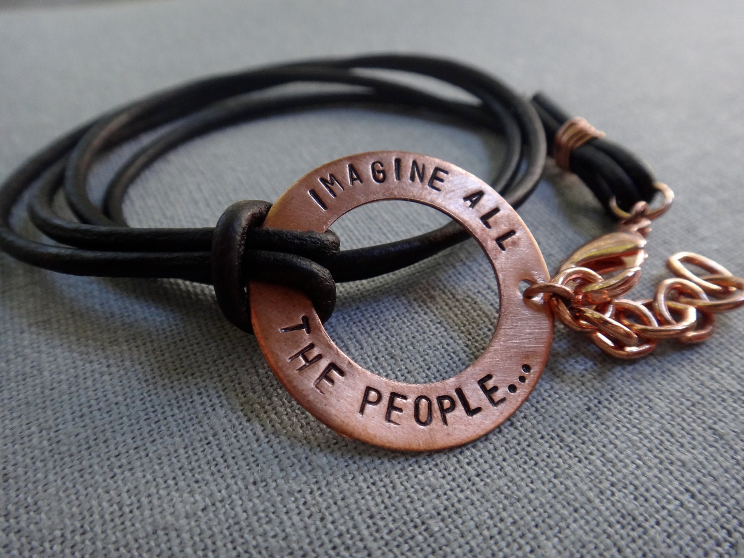 Imagine John Lennon, Beatles quote leather wrap bracelet with copper and dark brown cord