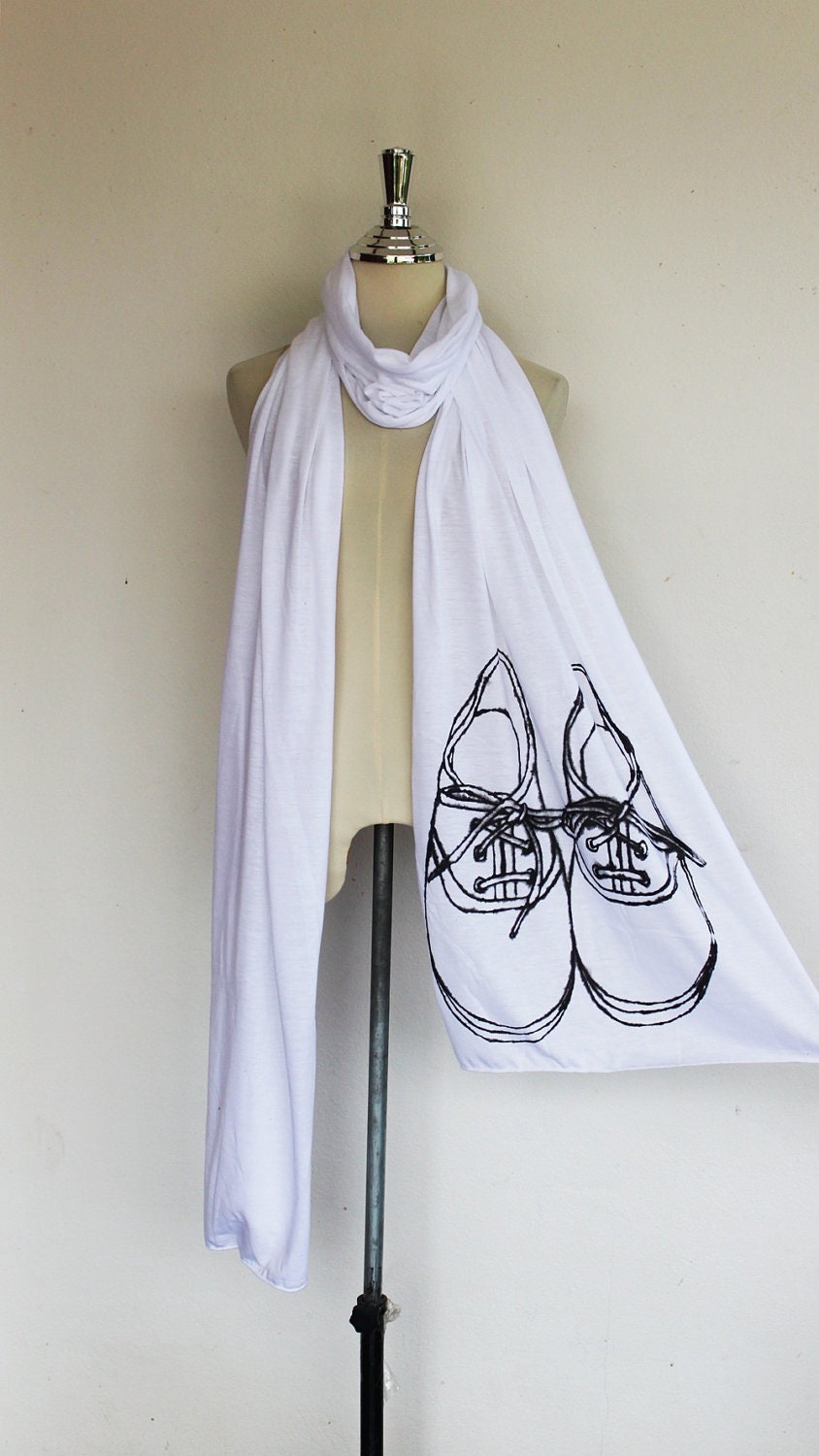 Shoe Scarf Screenprinted Long Jersey in White Cotton Scarf Women/Men.