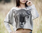 ON SALE Lion Sweatshirt Women Longsleeved Shirt Animal Screenprint Pullover Oversize Bat Wing Style Half Body In Gray Sweater.