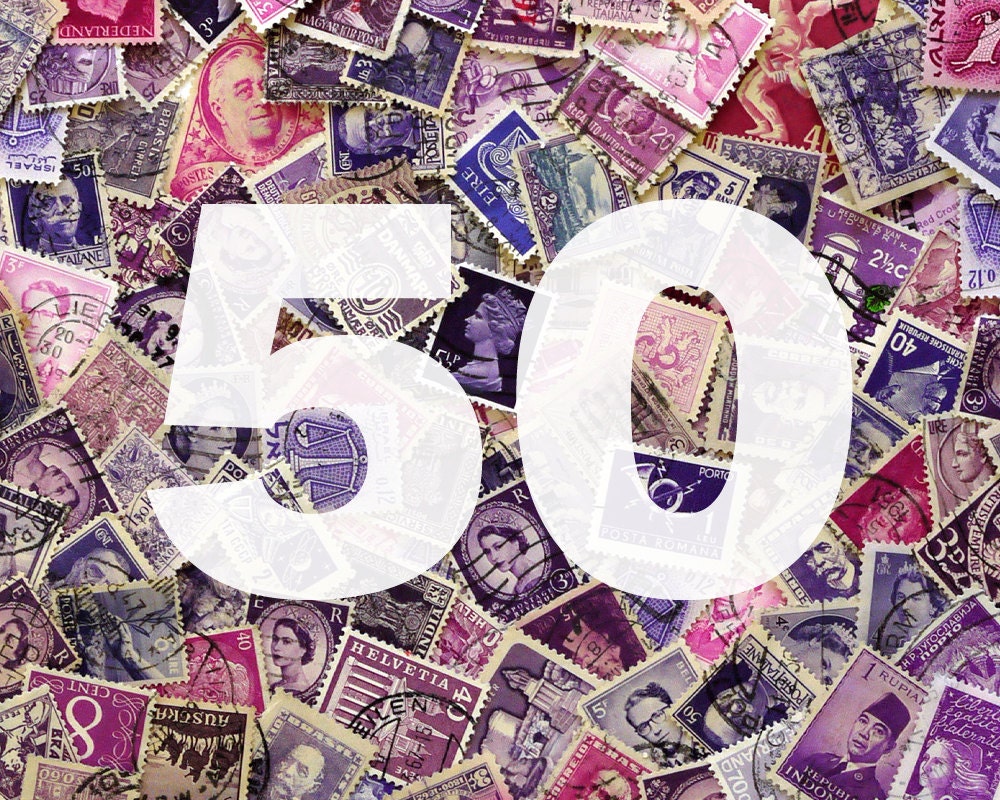PURPLE COLLECTION - 50 vintage USED International postage stamps in purple tones - use in scrapbooking, crafts, collages, etc