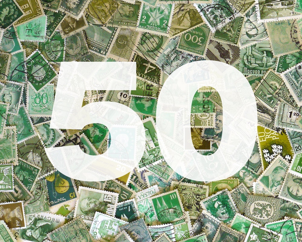 GREEN COLLECTION - 50 vintage USED International postage stamps in green tones - use in scrapbooking, crafts, collages, etc