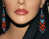 Native American "FLAME II" Pearl Blue Dangle Beaded Earrings
