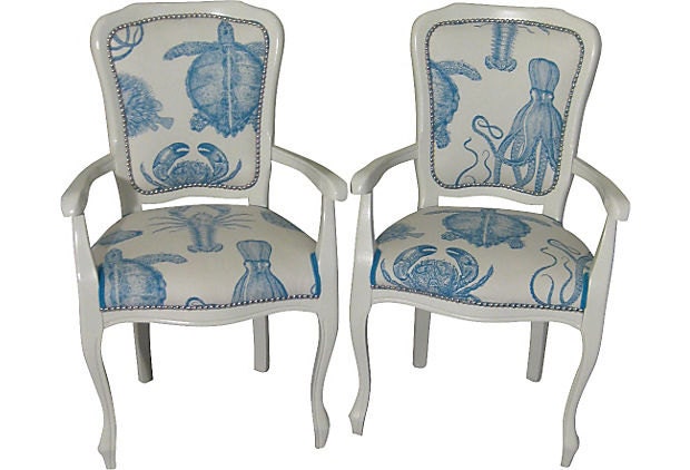 French Armchairs Painted Upholstered White Aqua Blue Ocean Beach Contemporary Modern Chic
