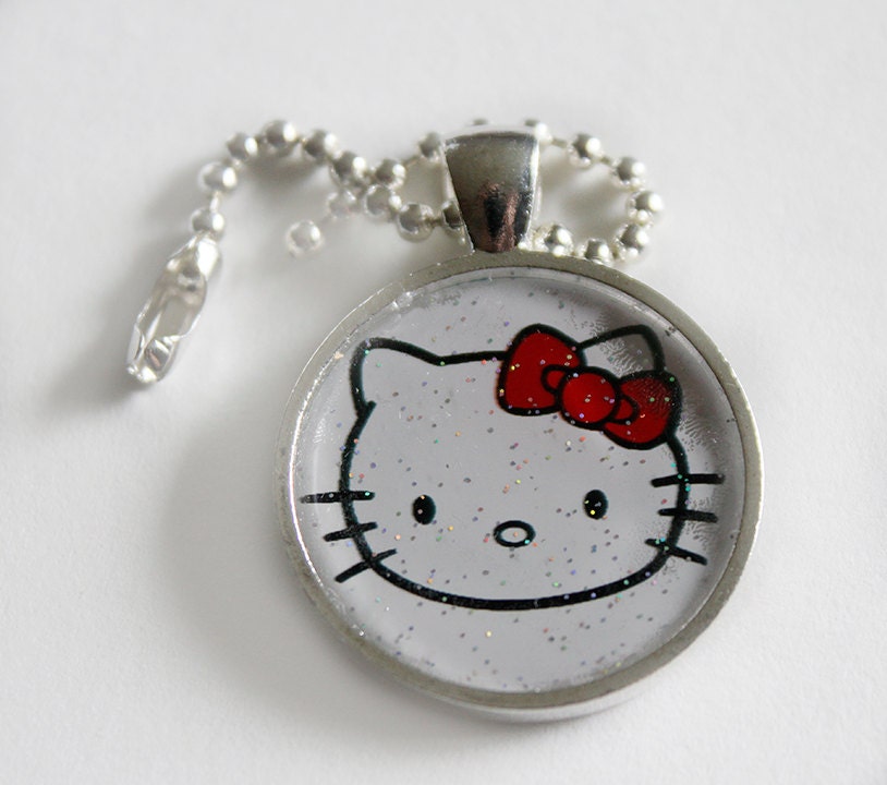 Hello Kitty Keychain, Glitter  keychain, Sparkle key chain, handmade silver colored metal Red Bow Hello Kitty