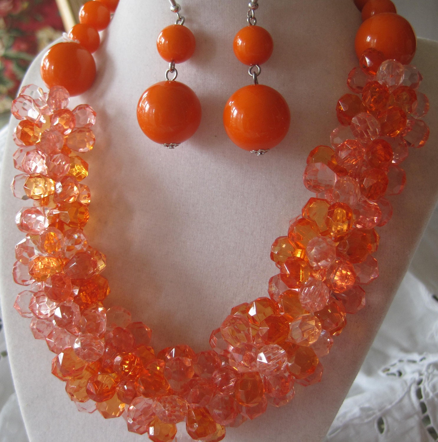 Orange Chunky Crystal Bead Vintage Necklace Earrings