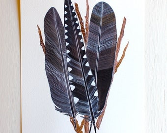 Crow Feather Bundle - Archival Print - Watercolor Art 5x7