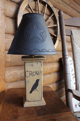 Primitive CROWS Lamp with Stars Punched Tin Lampshade Folk Style