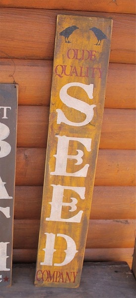 Olde Quality Seed Company Sign with Crows PRIMITIVE in mustard and brown Vintage White
