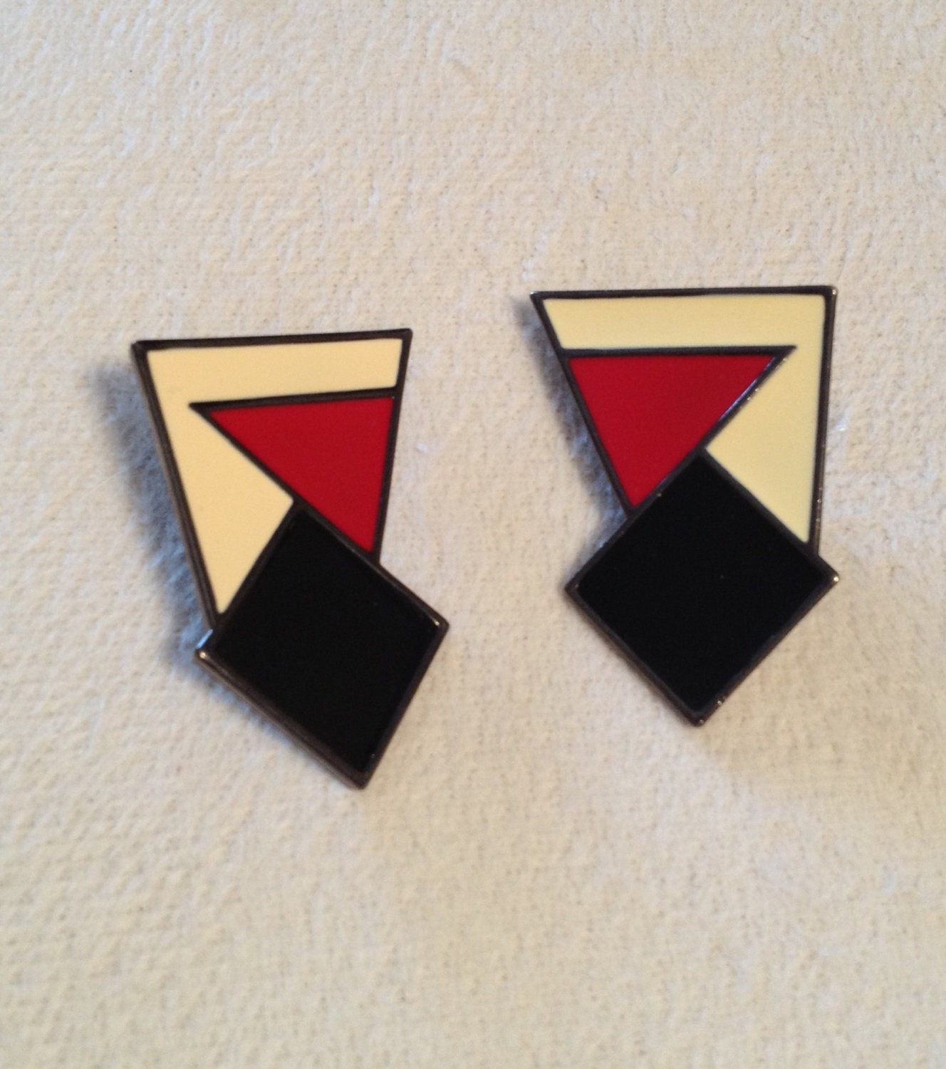 Vintage Monet 1980s Geometric Trendy Earrings.  Enamel over metal in Red White Black  Pierced.