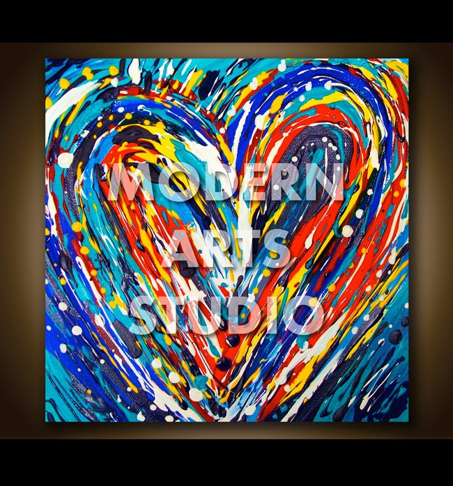 MODERN ART CANVAS Wall Art Abstract Heart Love Painting, Original Romantic Colorful Contemporary Expressionist Art, Wedding Engagement Gift