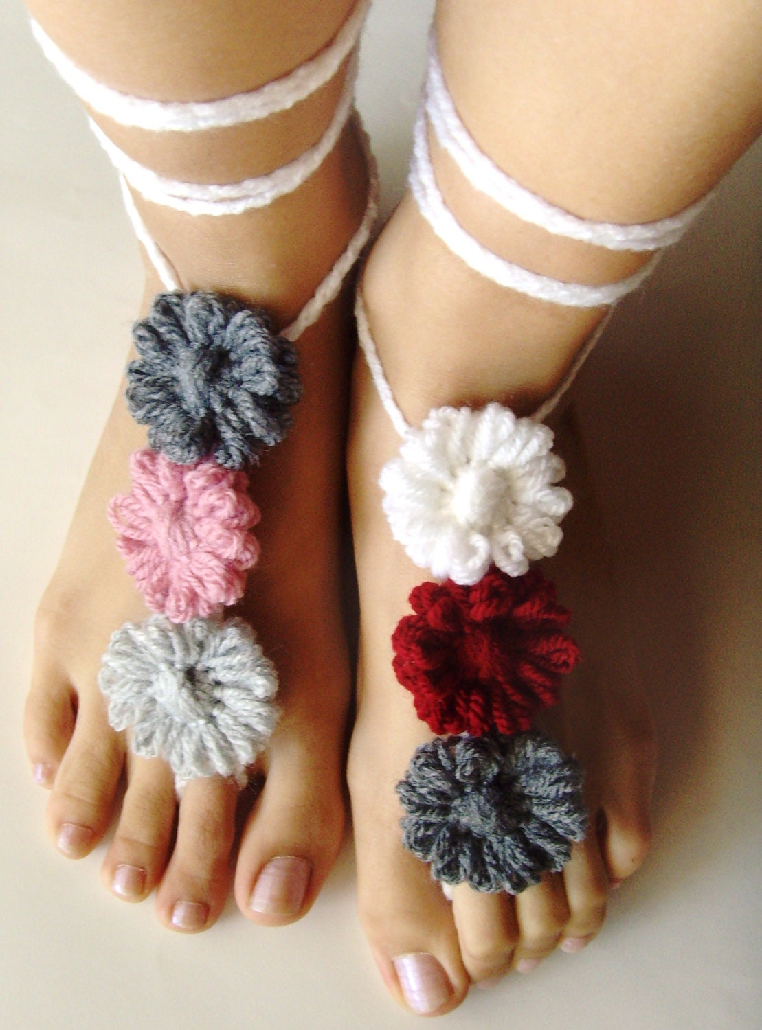 BAREFOOT SANDALS, Crochet White Flowers, Chic Nude Summer Shoes, Bohemian Foot Jewelry, Hippie Beach