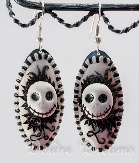 Reserved for Carrie - Polymer Clay Skulls Flowers - Sugar Skulls - Halloween Jewelry - Goth Lolita Earrings