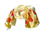 Red tulips and green leaves romantic silk scarf - floral silk scarf - hand painted scarf