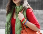 Memory wire bracelets. Color block set of beaded bracelets. Orange, red, blue, green.