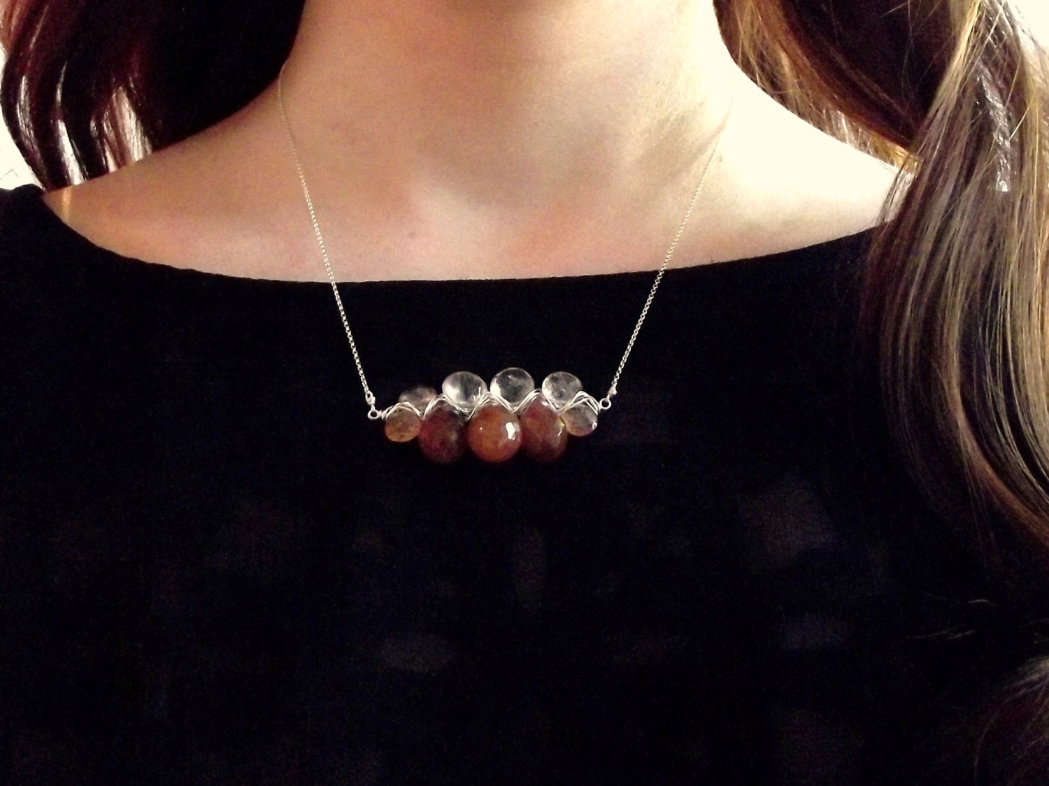 Woven Necklace, Pink Necklace, Graduated Necklace, Strawberry Quartz, Copper Rutilated Quartz & Sterling Silver Woven Necklace