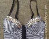 Studded Bustier Bra Top Stripes Silver- Gold- or - Black Studs Black Mesh Backing