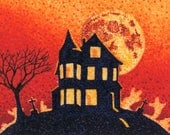 Halloween Haunted House Card,  Halloween Greeting Card, 5x7 Pointillism Matte Finish Print