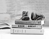 16x20 Black and White Toned Print : Baby Shoes and Books 2