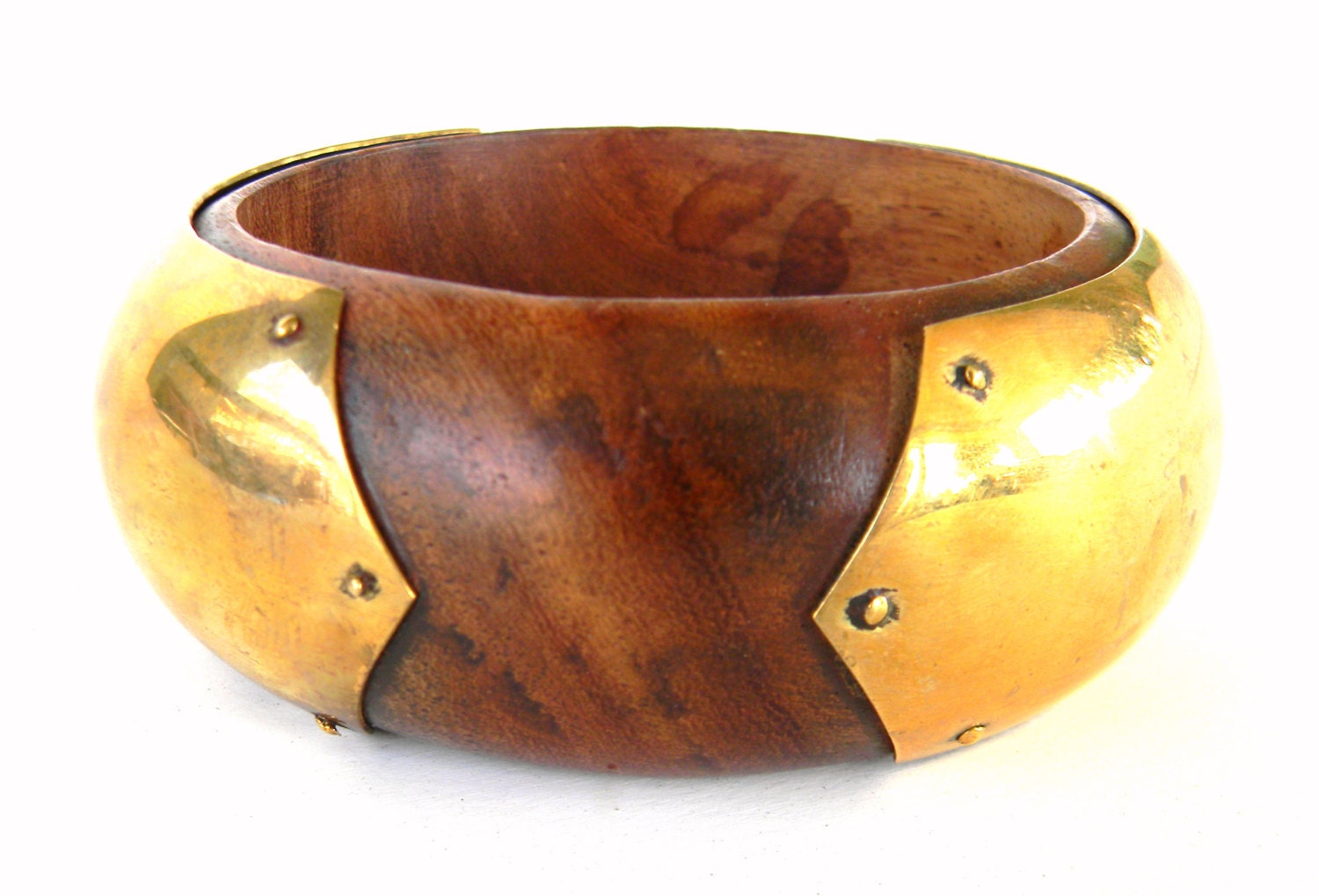 Vintage Wood and Brass Cuff, Chunky Bracelet, Mid Century Modern, Boho, Western Bangle