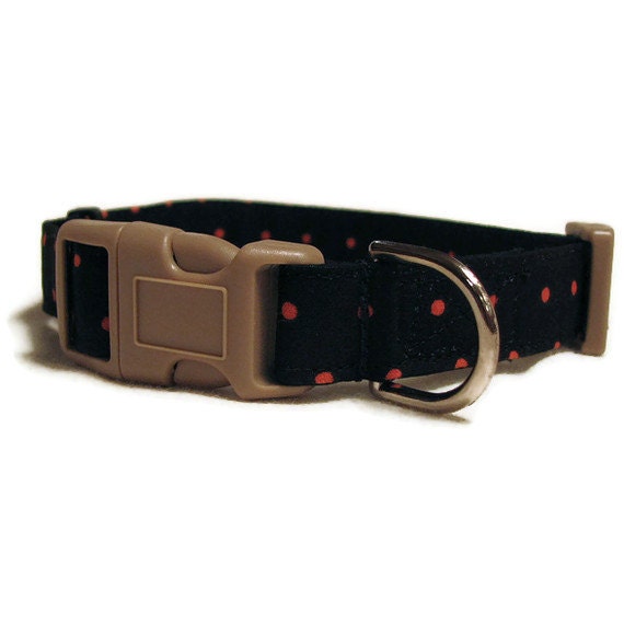 Dog Collar Halloween Black with Orange Polka Dots - Adjustable - Large Size 3/4"