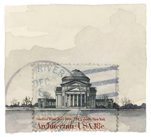 Original Framed Art: NYU Library Postage Stamp Painting