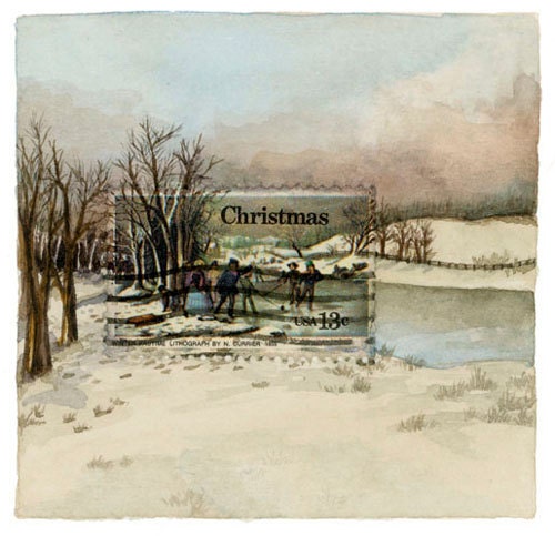 Original Framed Art: 1976 Currier & Ives Winter Pastime Christmas Postage Stamp Painting