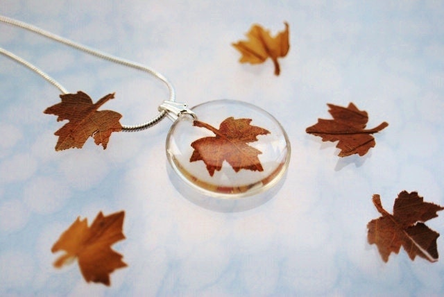 Autumn Necklace Petite Resin Jewelry Pressed Leaf Mini Maple Petite Transparent Airy Botanical Necklace / Pendant
