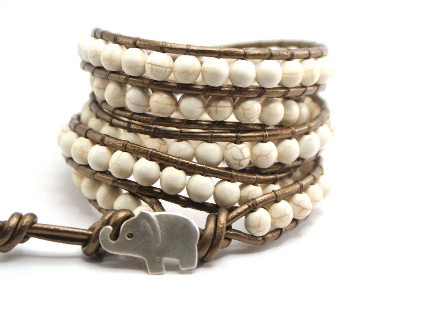 Turquoise leather beaded elephant charm bracelet - Boho wrap bracelet - Sterling silver - western braclet -  Lucky jewelry