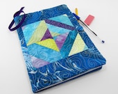Composition Notebook Cover, Quilted Fabric Journal - Turquoise, Aqua, Purple and Chartreuse Strip Pieced Hand Dyed Cotton