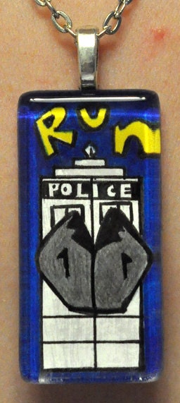 TARDIS Ninth Doctor Hand Drawn Glass Pendant Necklace